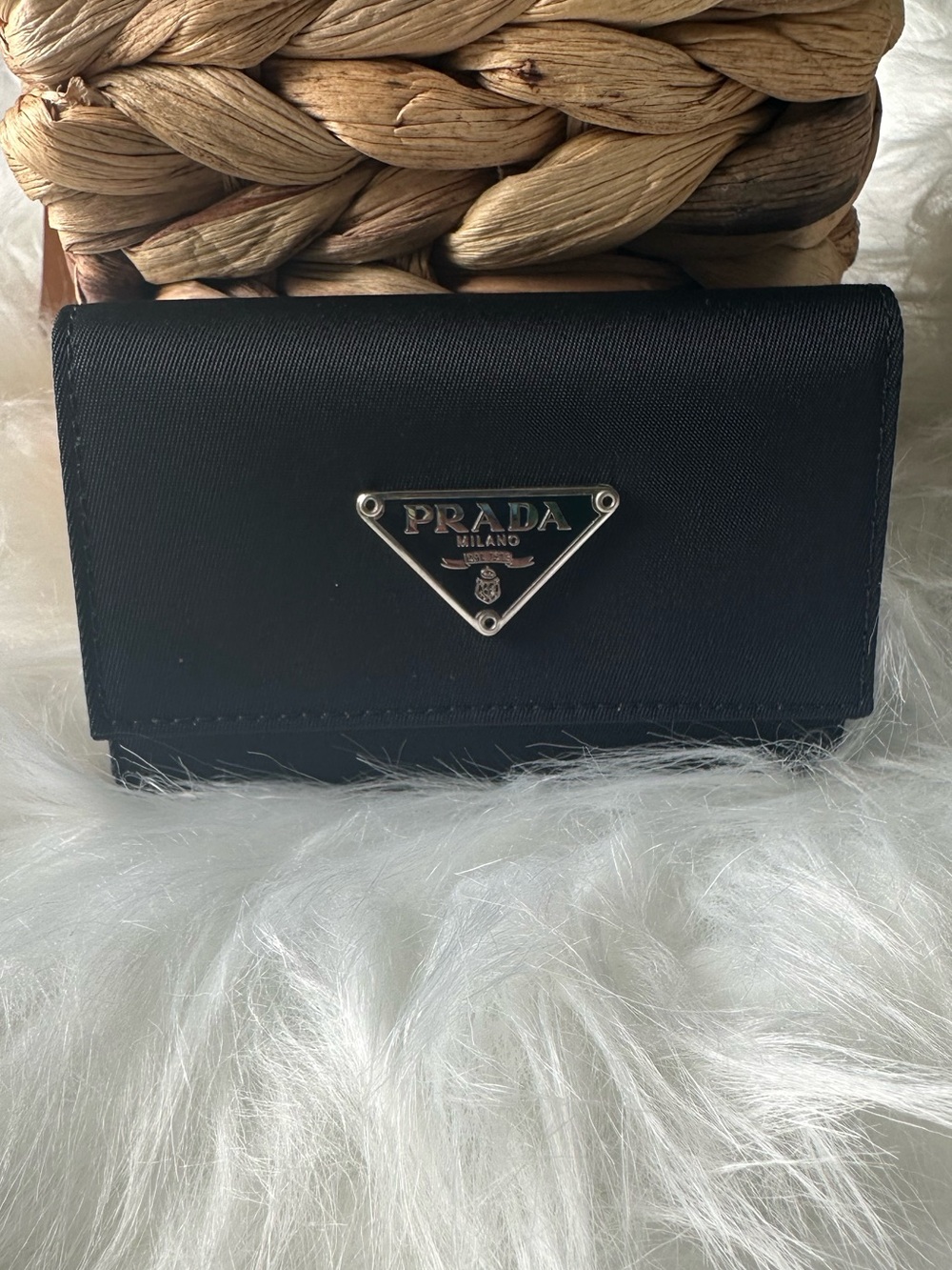 Prada Black Nylon 6 Hook Key Case Silver Triangle Logo Authentic